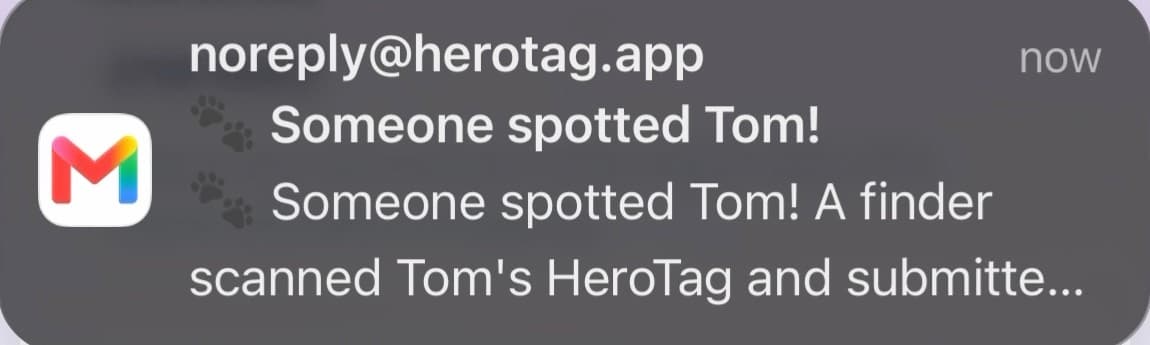 Screenshot of a phone notification from noreply@herotag.app: Someone spotted Tom! A finder scanned Tom’s HeroTag and submitted a report